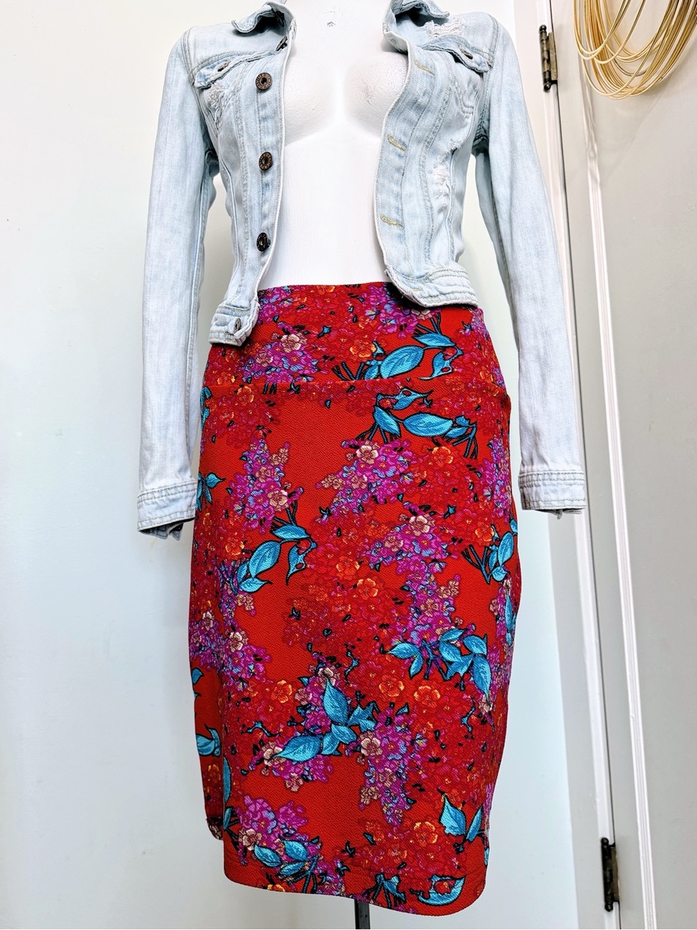 LuLaRoe One Size OS Red Floral Pencil Skirt Blue Pink Botanical Stretch